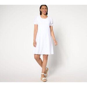 Susan Graver Reg Knit Eyelet Elbow Sleeve Fully Lined Dress Size M White